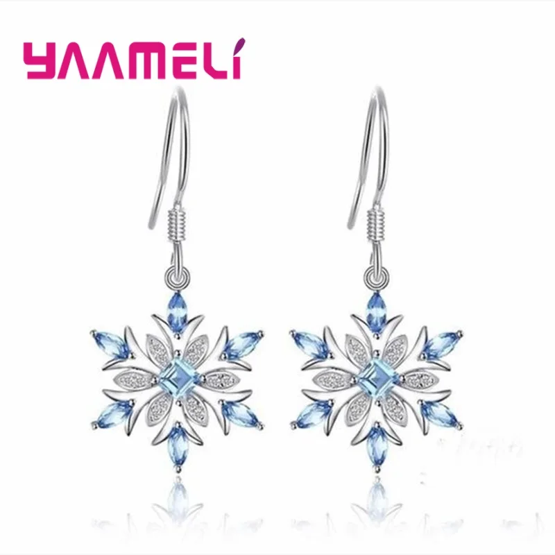 Boucles d'oreilles flocon de neige en argent Sterling 925 pour femmes, bijoux exquis, tendance, incrusté de Zircon blanc et bleu, bijoux de noël