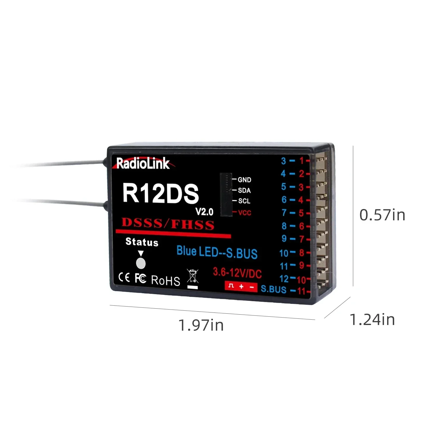 Radiolink 2.4GHz R12DS 12 Channels RC Radio Receiver Support SBUS/PWM DSSS&FHSS AT9/AT9S/AT9S Pro/AT10/AT10II