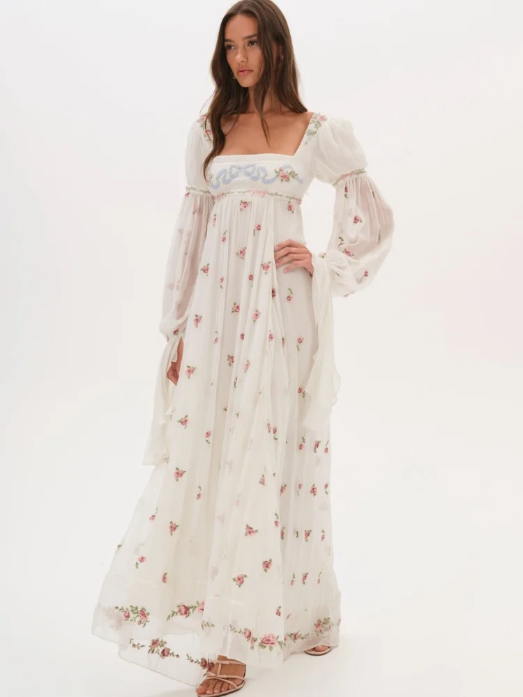 Cottagecore Blumen-Maxikleid für Damen mit Quadratischem Ausschnitt, Langen Puffärmeln, Empire-Taille, Chiffon, Fließendes Vintage Boho Hochzeitsgast-Kleid – Detail 4