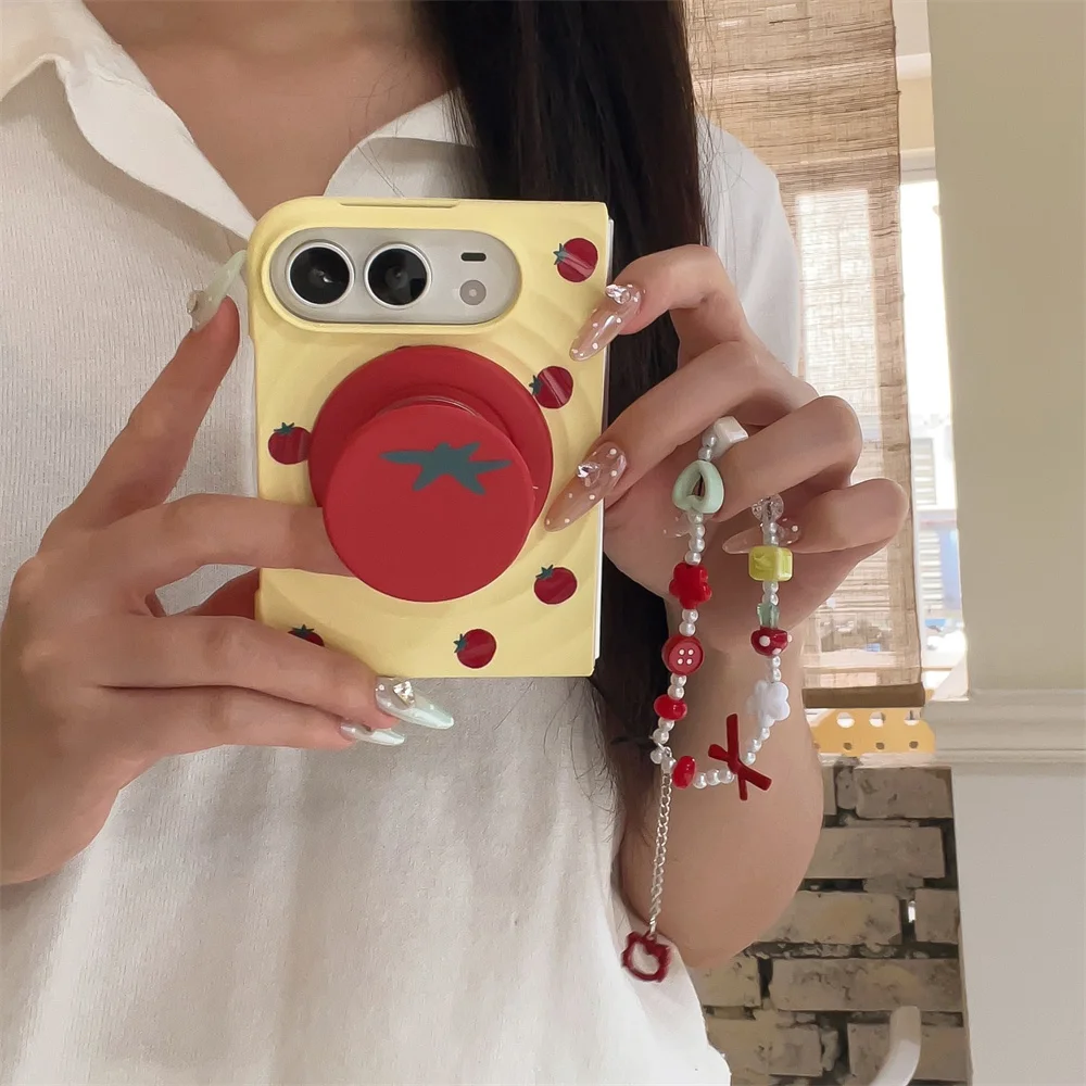 Korea Ins Kawaii Cartoon Tomato Magnetic stand Phone Case For iPhone Duo Cute Drop Shockproof  Protection Cover with Chain