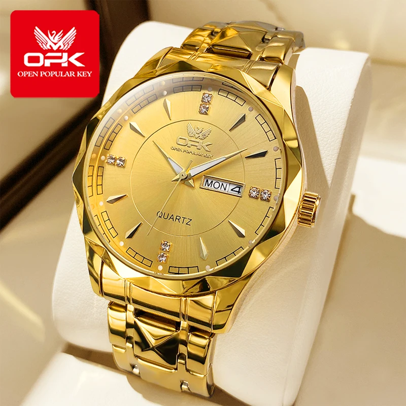 Luxury Brand 8151 Quartz Men's Watches Dual Calendar Display Stainless steel Gold Wristwatch Waterproof Luminous Watch for Men