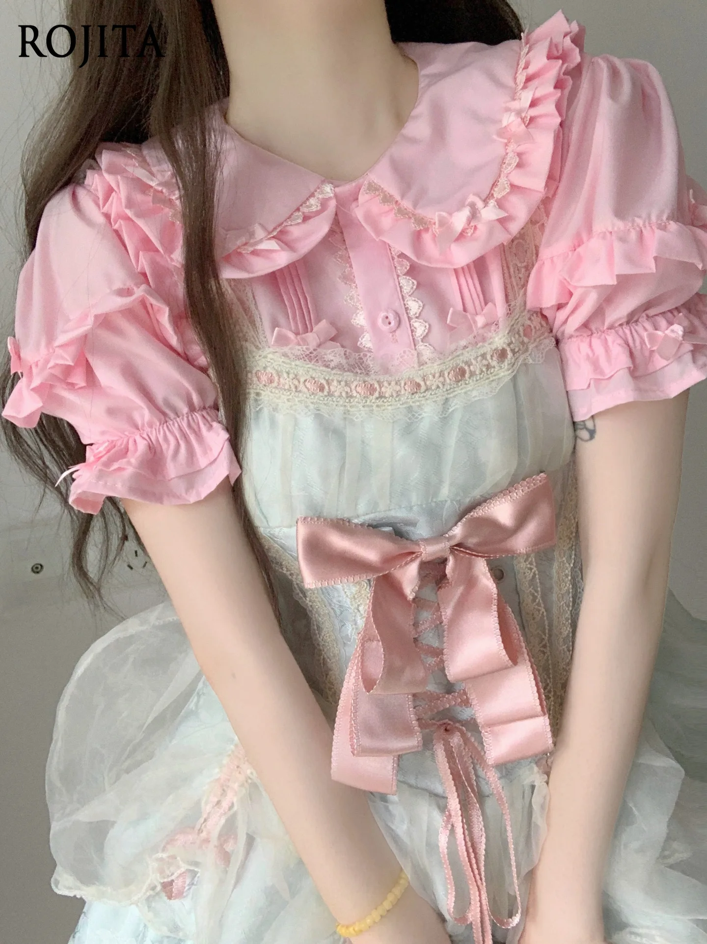 

Lolita Shirts Bubble Short-sleeved Top Summer New Sweet Girl Versatile Doll Collar Solid Color Single-breasted Shirt for Women