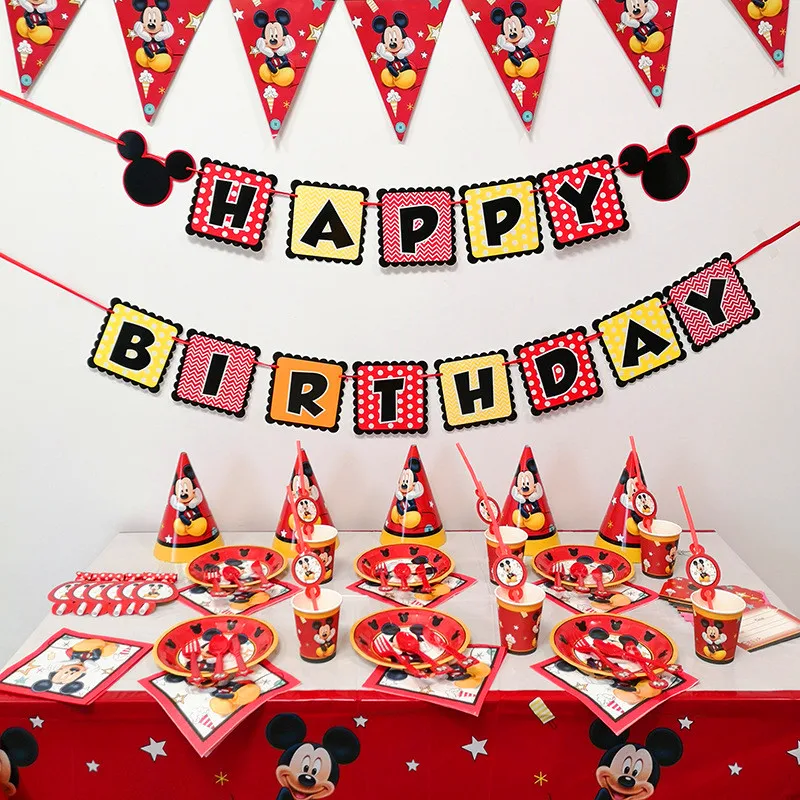 

Mickey Mouse Red Children's Theme Leisure Birthday Decoration Paper Decoration Table Cloth Label Flag Single Store Party Event