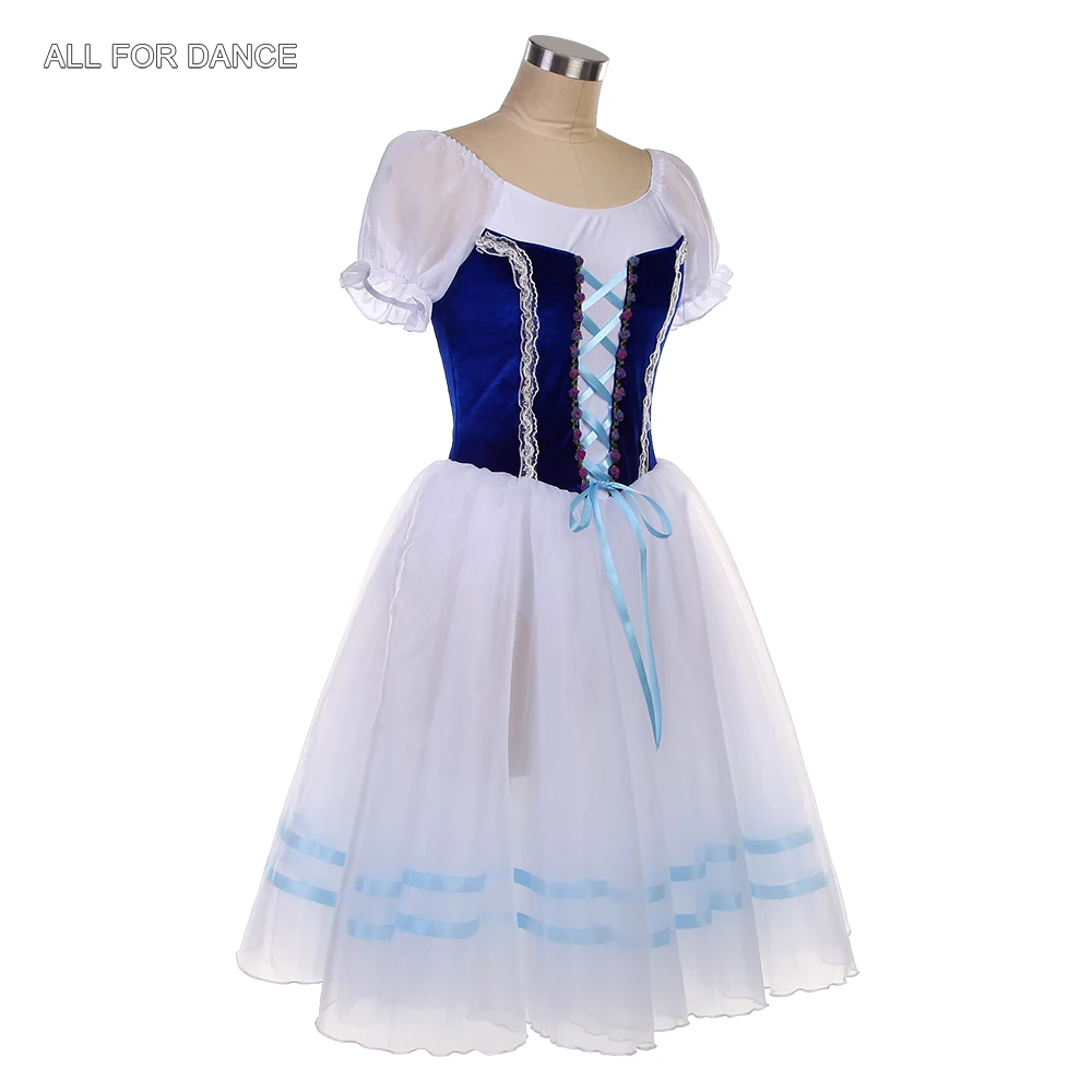 26009 Ballett-Tanzkostüme für Erwachsene, romantisches langes Ballett-Tutu, königsblaues Samt-Oberteil mit weißen weichen Tüll-Tutu-Röcken