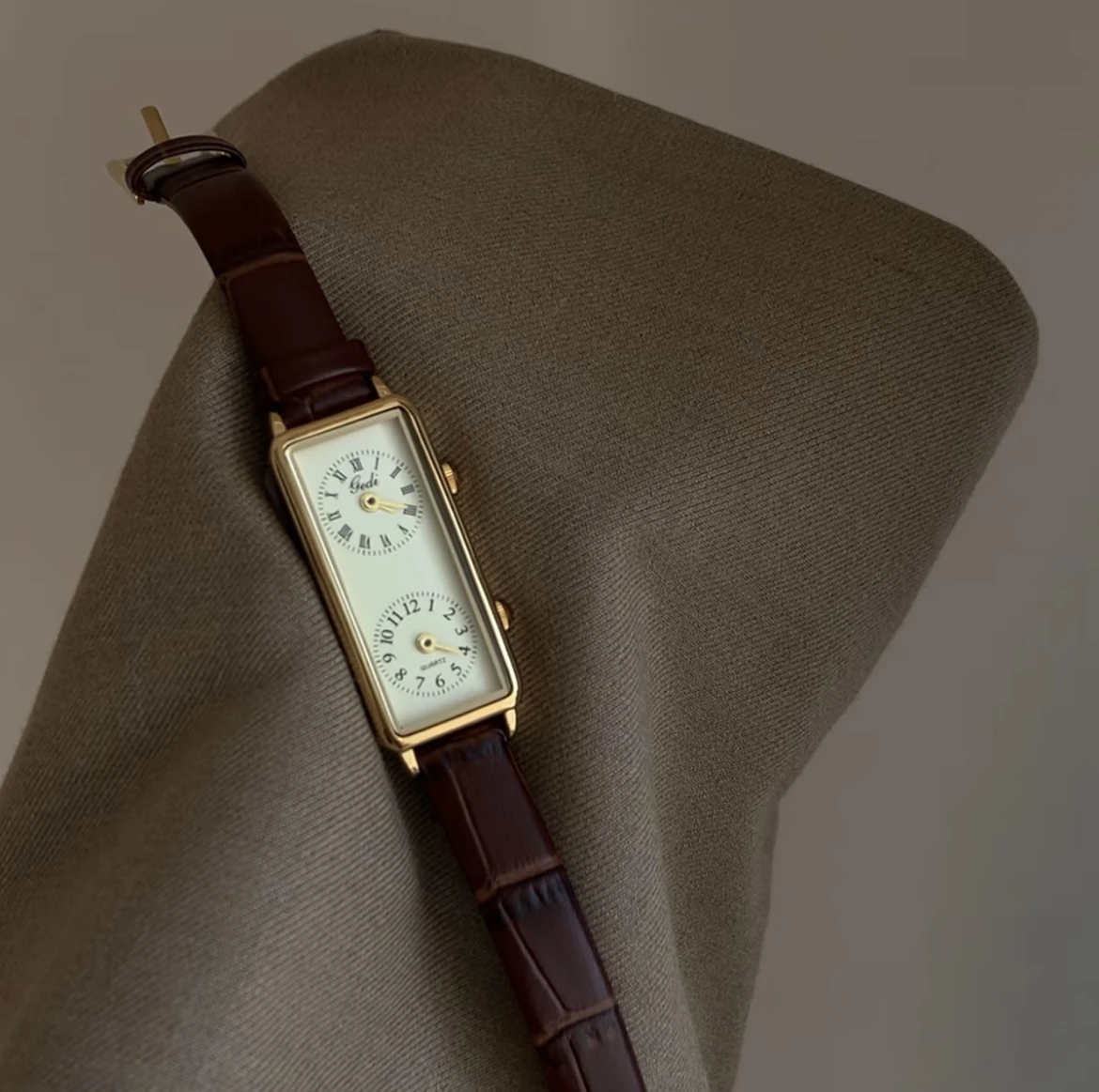 Elegant Women'S Wristwatch, Vintage Brown-Gold Rectangular Double Dial, Stylish Leather Women'S Watch, A Great Gift For Women.