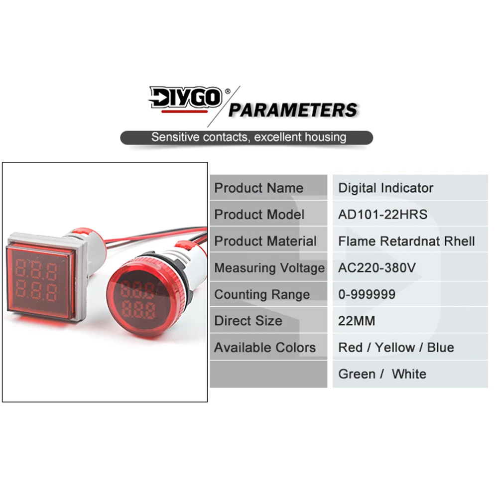 22MM Led Round Square Digital Counter Meter 6 Digit Mini Electronic Signal Totalizer Panel 0-999999 AC 220V-380V