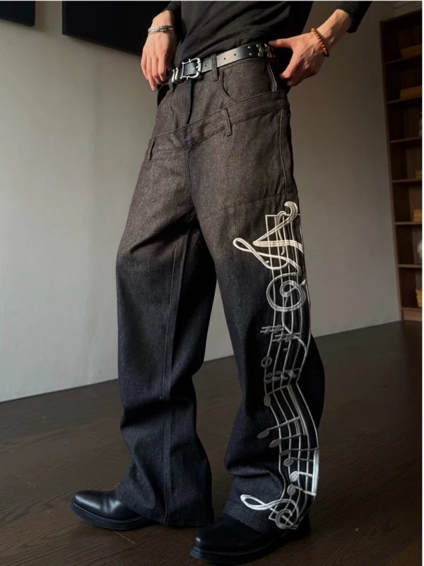 Calças Jeans Originais com Bordado na Cintura Dupla, Estilo Retrô Solto e Reto, Unissex, Casual para o Dia a Dia
