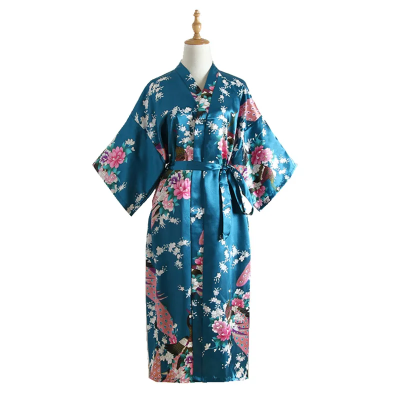 

Peacock Long One-size-fits-all Nightgown Simulation Silk Summer Single-piece Japanese Kimono Open Robe Cw87615