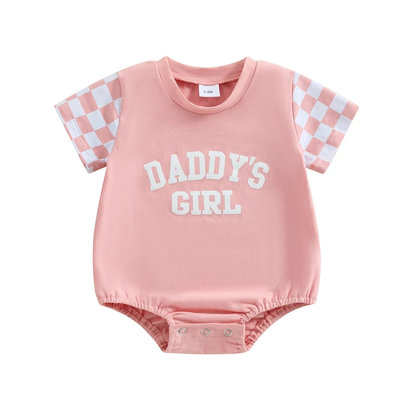 Newborn Baby girl Summer Bodysuit Short Sleeve Daddy’s girl Letter Pink White Colour Combination Checkerboard Style Romper