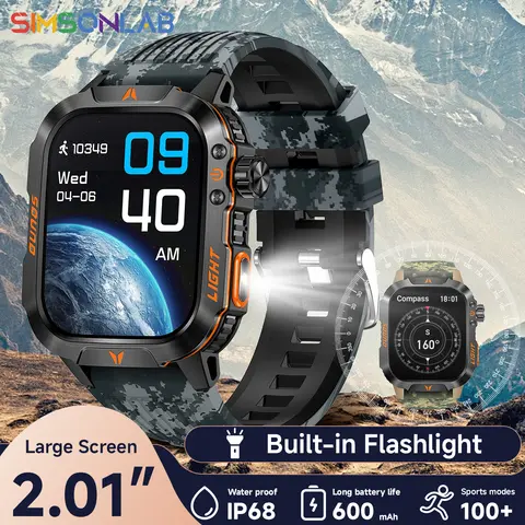 2026 Smart Watch 2.01 Screen Outdoor Flashlight Compass IP68 Waterproof Wireless Calling 600mAh 100+Sport Mode