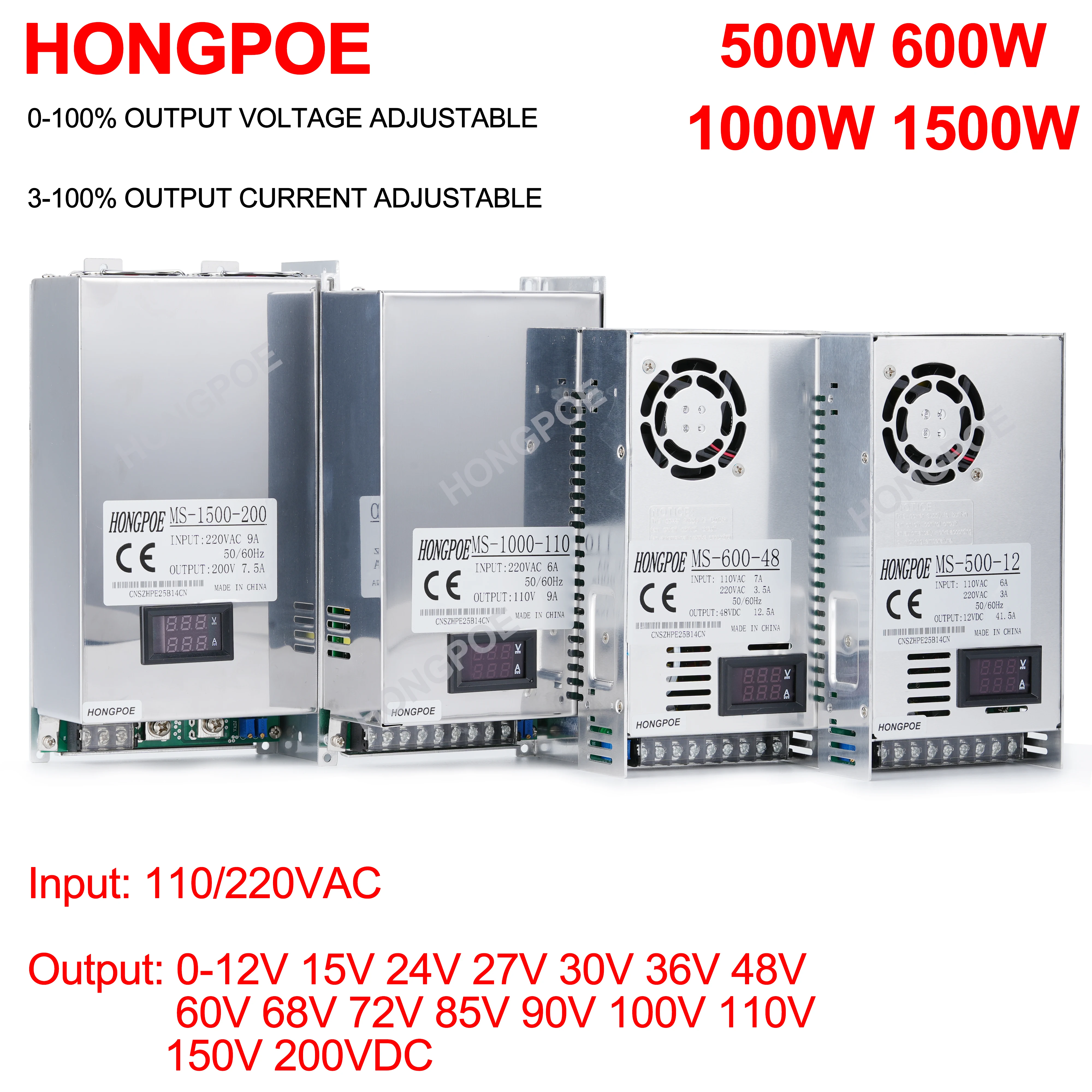 500W 600W 1000W 1500W Adjustable Power supply 0-12V 15V 24V 27V 30V 36V 48V 60V 72V 85V 90V 100V 110V 150V 200V Ac / Dc Smps LED