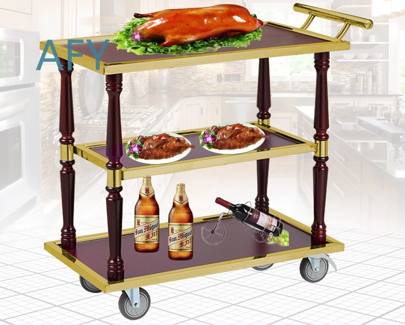 Stainless Steel Wine Trolley for Hotel Restaurant Food Delivery Cart for Roast Slices Three-layer Service Cart Trolley for
