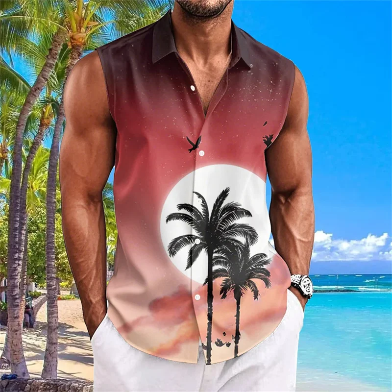 New summer men's comfortable and refreshing sleeveless shirt with 3D coconut tree print, beach casual shirt, Hawaiian shirt.