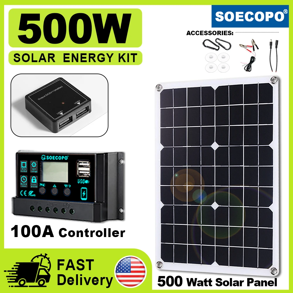 

(U.S Stock 2-8 Days) 500W Portable Solar Panel Kit Complete 18V Panel with 100A Controller for Phone RV Home Camping Outdoor