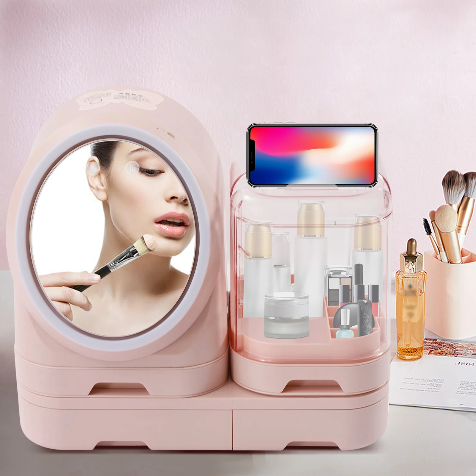 

Cosmetic Storage Display Case, Make up Countertop Shelf, Cosmetic Organizer Box Makeup Case with Lights and Mirror