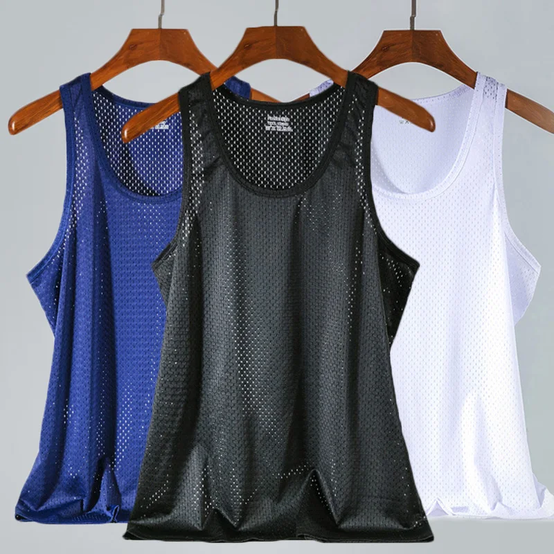 Men\'s Casual Tank Summer Bodybuilding Fitness Muscle Singlet Man\'s Clothes Sleeveless Slim Fit Vest Mesh Quick-Drying Vest Hot