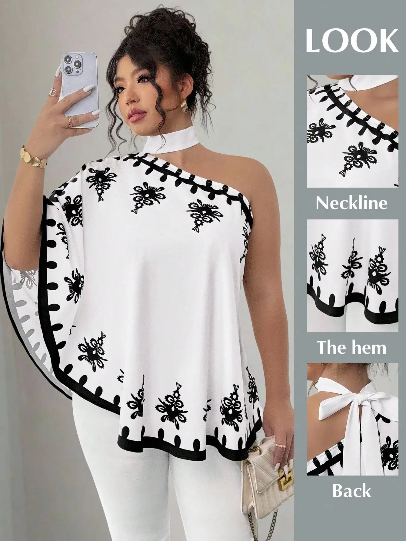 

Женская свободная блузка с цветочным принтом, асимметричным вырезом на одно плечо и завязками на шее