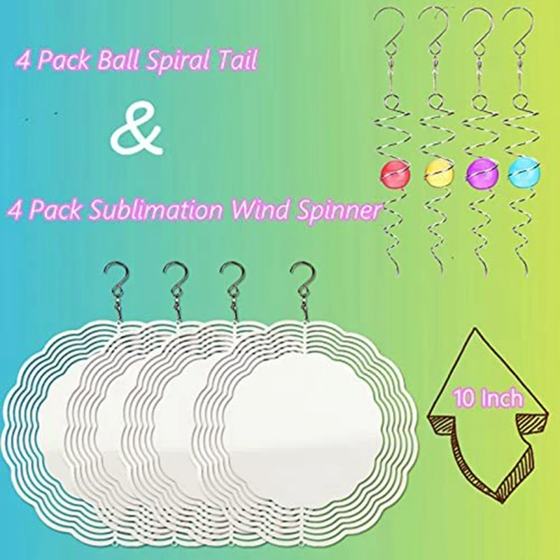 T02C!-4Pack 10Inch Sublimation Wind Spinner Blanks & 4 Gazing Ball Spiral Tails,DIY Round Cut Wind Spinners For Outdoor Garden