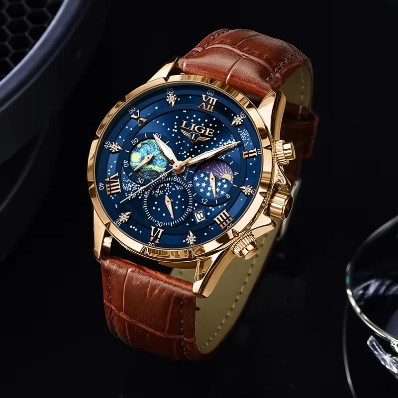 LIGE Orologio da uomo con quadrante notturno stellato creativo Orologio da polso da uomo al quarzo con fasi lunari super luminose Orologi da uomo in pelle da lavoro Data