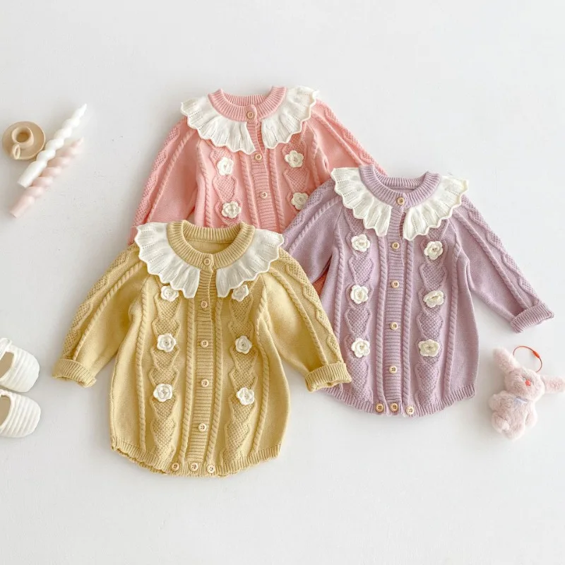 

2025 Autumn Infant Knitted Onesie-ruffled Collar Romper Long-sleeved Hand-crocheted Color-block Onesie Romper For Girls