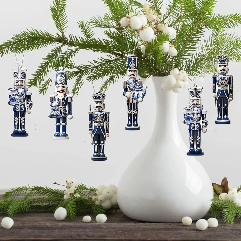 12/24Pcs Wooden Nutcracker Soldier Pendant Blue and White Porcelain Design Mixed Style Xmas Tree Hanging Ornament Retro