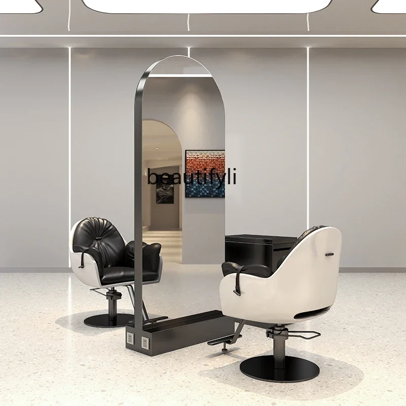 

lt Barber Shop Mirror for Hair Salon Single Double-Sided Floor Wall-Mounted Hair Cutting Salon Dressing Table Stainless Steel