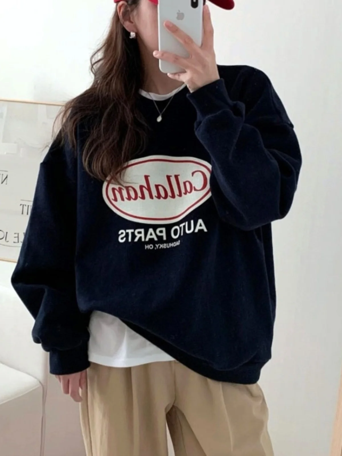 Oversize round Neck Sweatshirt Women's Korean Style Layered Wear Fleece Long Sleeve Commute Style Regular Length Fashionable