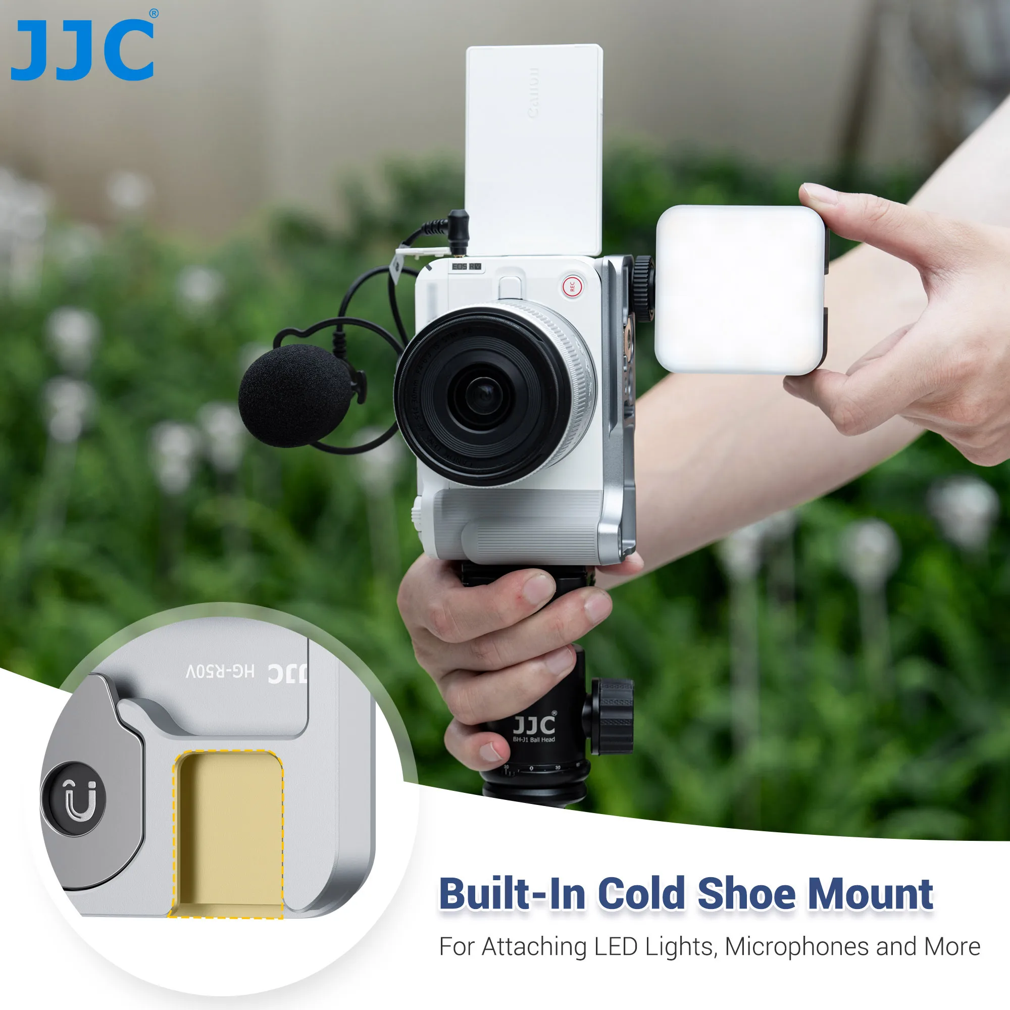 JJC R50 V Handgrip L-Shape Grip for Canon EOS R50V with Quick Release Plate Arca Cold Shoe Mount 1/4"-20 Threaded Holes Fit LED