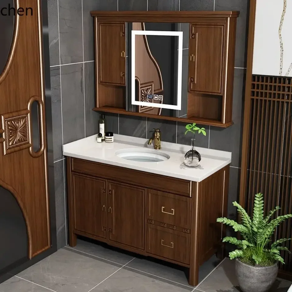 HT Modern New Chinese Style Bathroom Cabinet Set Marble Smart Mirror Cabinet E0 Grade Anti-Fog Bathroom Washing Machine Cabinet