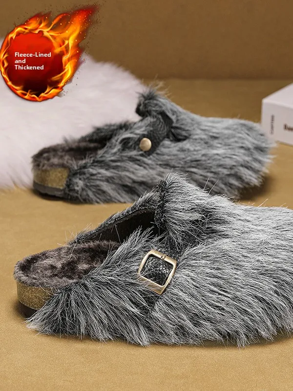 

Thickened Furry Slippers for Men And Women Couples Winter Warm Cotton Slippers with Belt Buckle Plush Lined Thick Bottom