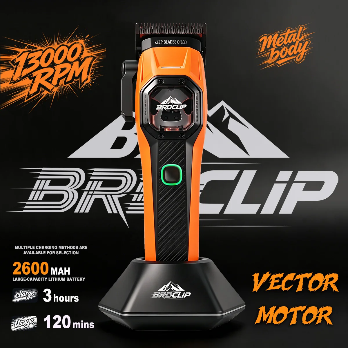 BRDCLIP New Professional Cordless Hair Clipper 13000RPM Vector Motor Smart Speed Control Patented U Shaped Blade Barber 2601