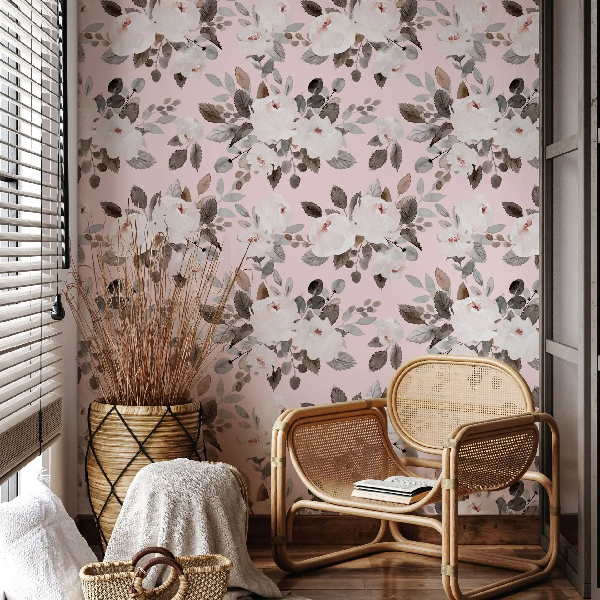Vintage Floral Peel and Stick Wallpaper Pink Peony Self Adhesive Removable Watercolor Wallpaper Vinyl Flower Contact Paper