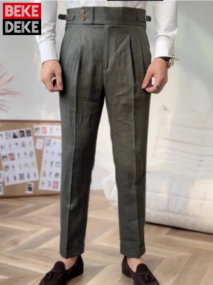 

Vintage Mens Spring Summer Slim Fit Breathable Linen Suit Pants Business Work Cargo Pants Office Male Straight Long Trousers 5XL