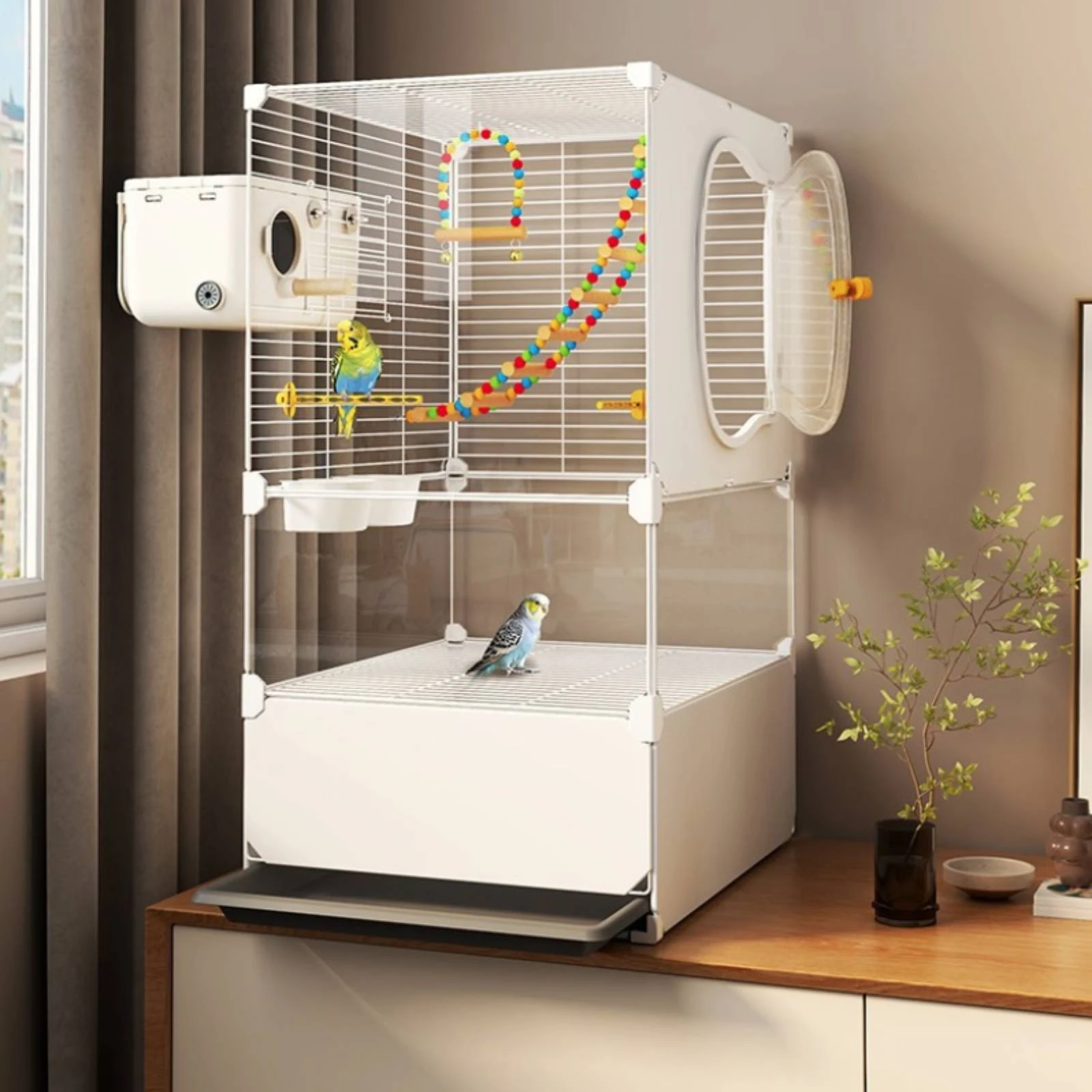 Two-Level Bird Enclosure White Bird Habitat Enclosure Pet Enclosure Rectangular Aviary Side Door