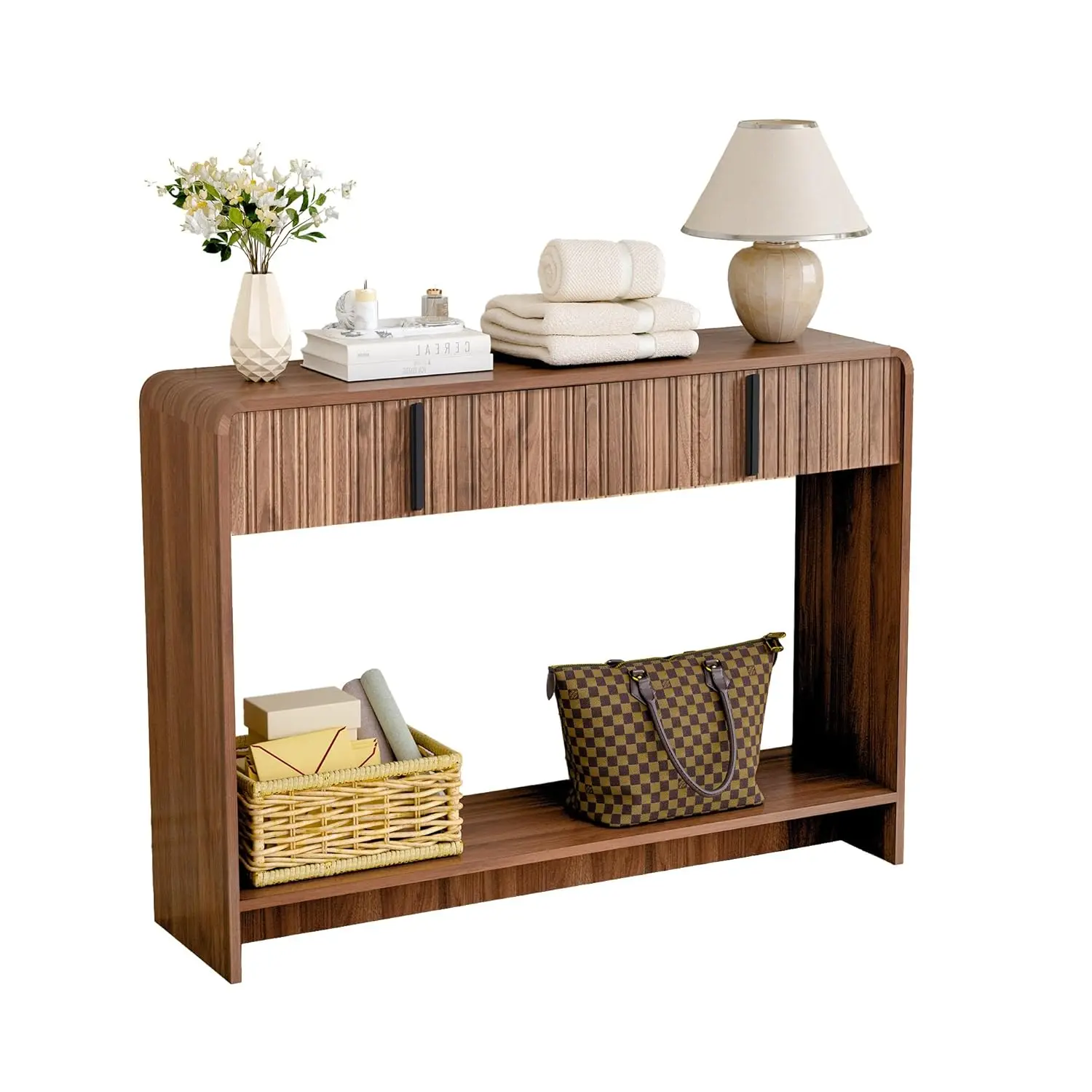 

43,3-дюймовый рифленый консольный столик с выдвижным ящиком, столик для прихожей середины века с нижней полкой для гостиной, прихожей, входа (коричневый, 11.