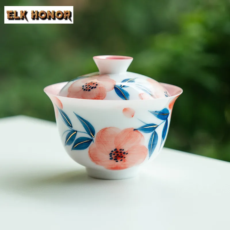 

120 мл ручная роспись персикового цвета благословение Гайвань винтажная чайная варенья чайная миска с крышкой комплект крышка для заваривания чая миска посуда ремесло
