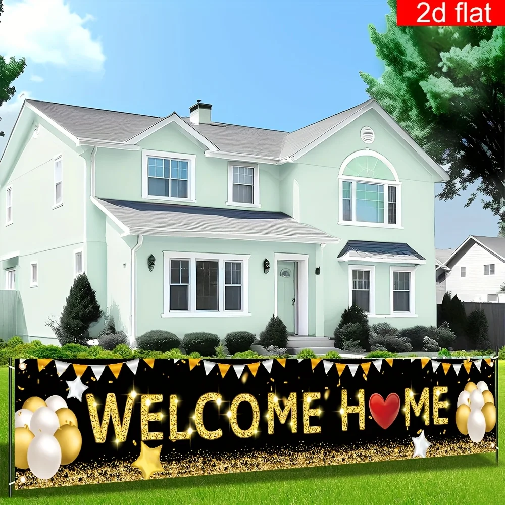 Black Gold Welcome Home Banner, Glitter Letter & Heart Design Yard Banner for Homecoming Party & Family Gathering Decor