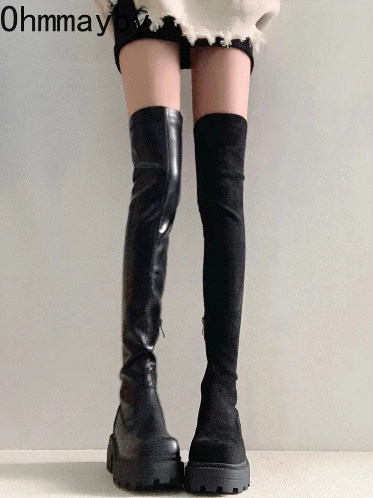 Stretch Slim Women Over the Knee High Boots Fashion Soft Leather Shoes Autumn Winter Thick Heel Ladies Knight Long Booties