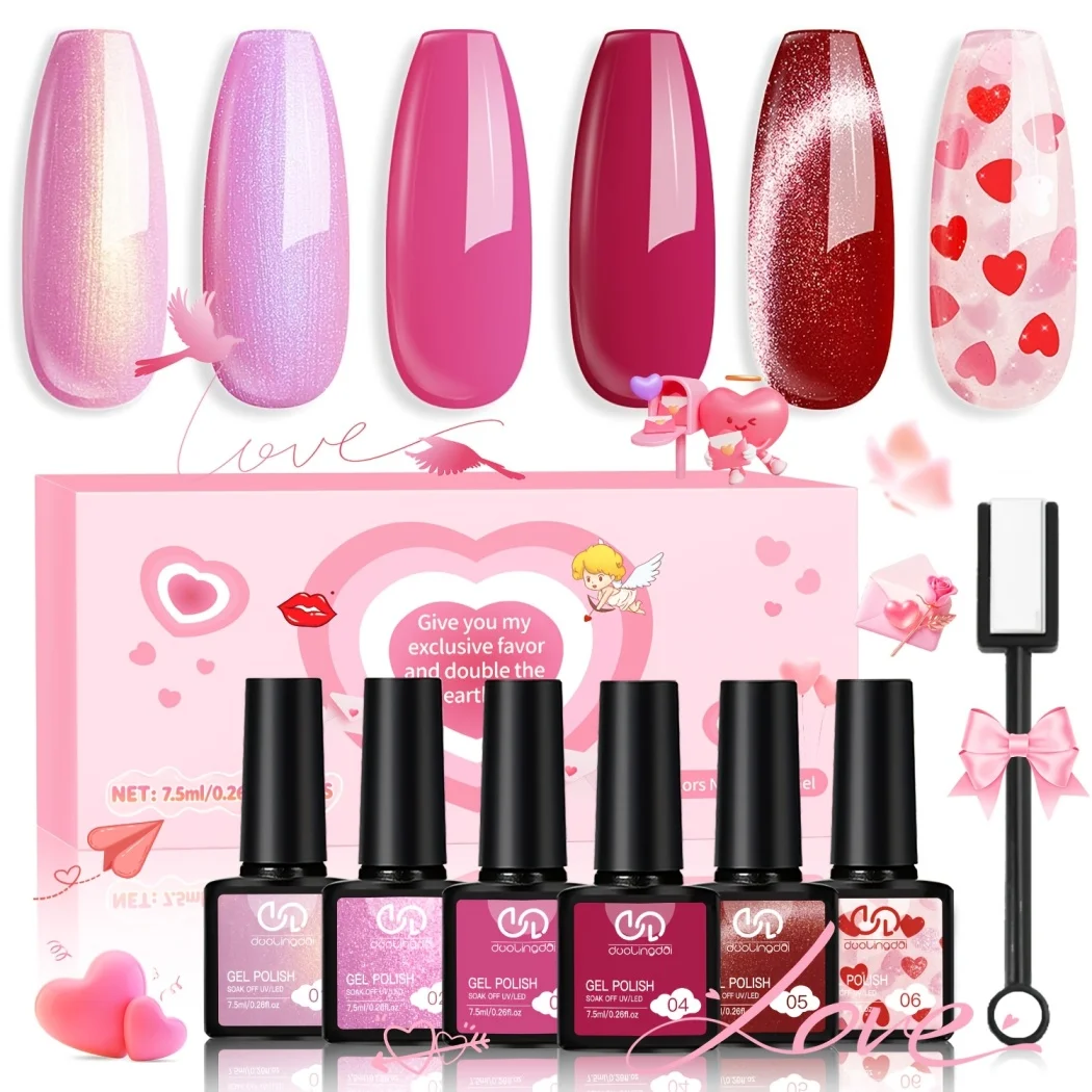 

Gel Nail Polish Set, 6 Colors Valentine's Day Polish Glitter Purple Shades Mermaid Love-heart Glitter Gel Polish Shimmer Galaxy