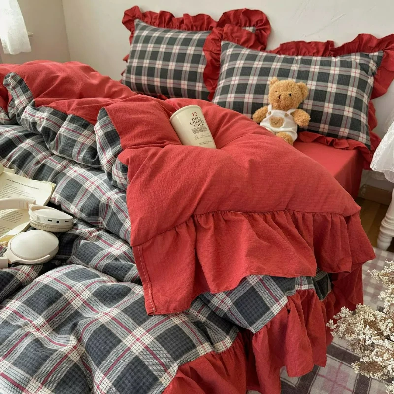 frilly plaid striped washed cotton 4-piece set, small fresh duvet set 3-piece set 0.9m1.5m1.8m2m bed sheet fitted sheet bedding
