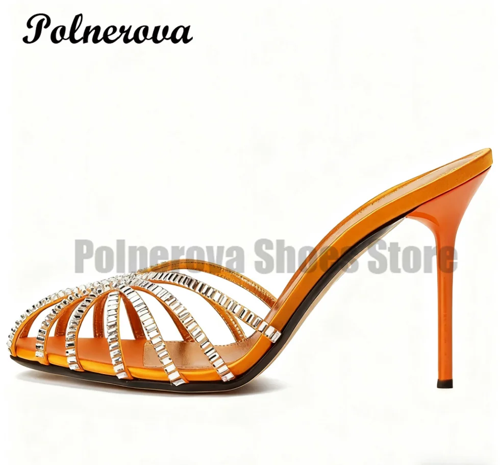 Rhinestones Caged Stiletto Heels Slippers Hollow Out Slip On Mules Novelty Designer Elegant Ladies Party Zapatos Para Mujere