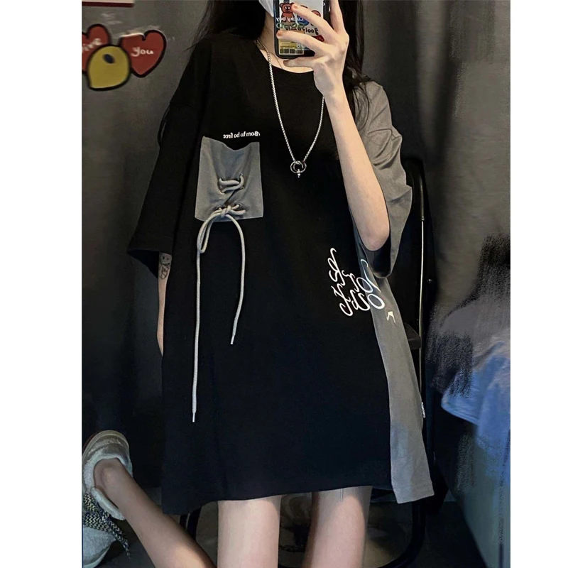 Trend Patchwork Contrast Loose Tops Summer New Half Sleeve O-neck Pocket Loose Casual T Shirts Fashion Vintage Women Clothing