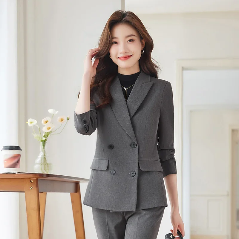 Insozkdg 2024 Autumn New Grey Suits for Women Double Breasted Professional Temperament Goddess Fan Elegant Fashion 2 Piece Sets