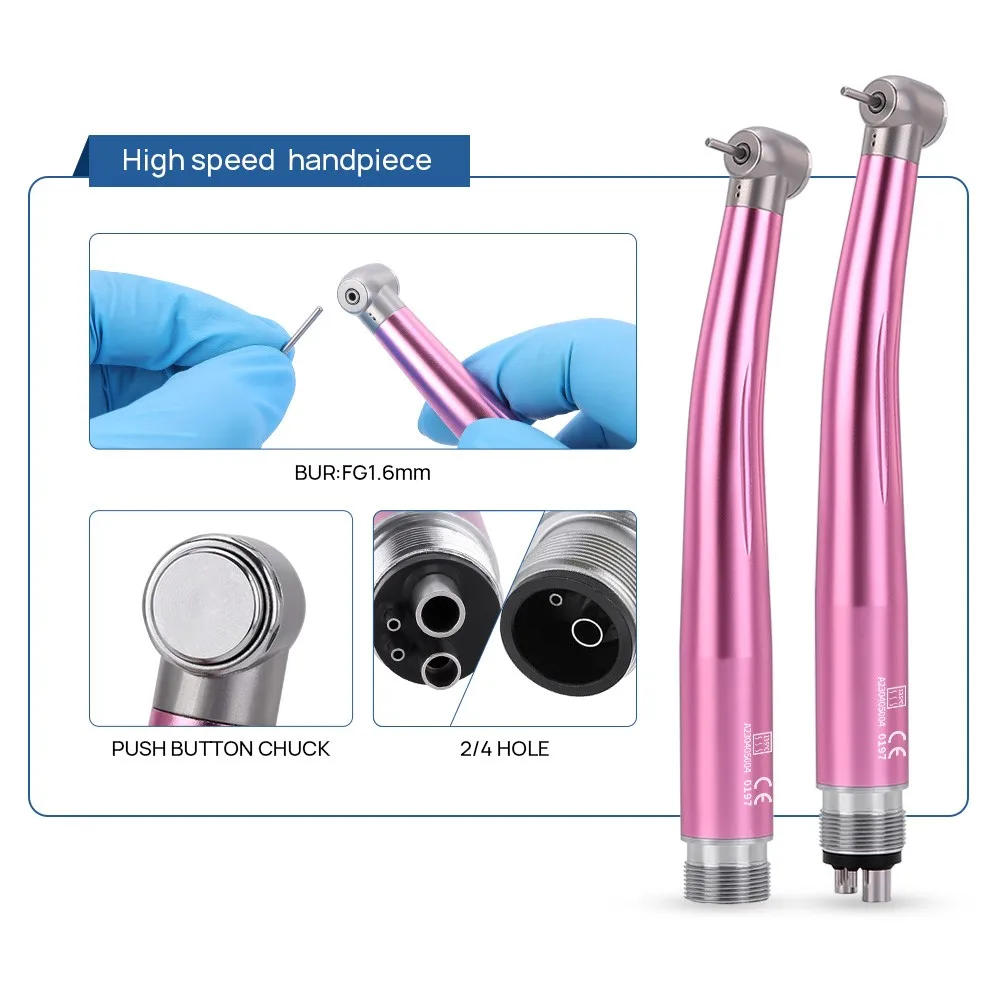 AZDENT Dental High & Low Speed Handpiece Kit Straight Contra Angle Single Water Spary Air Turbine 4 Hole 2 Hole Pink Color Lab