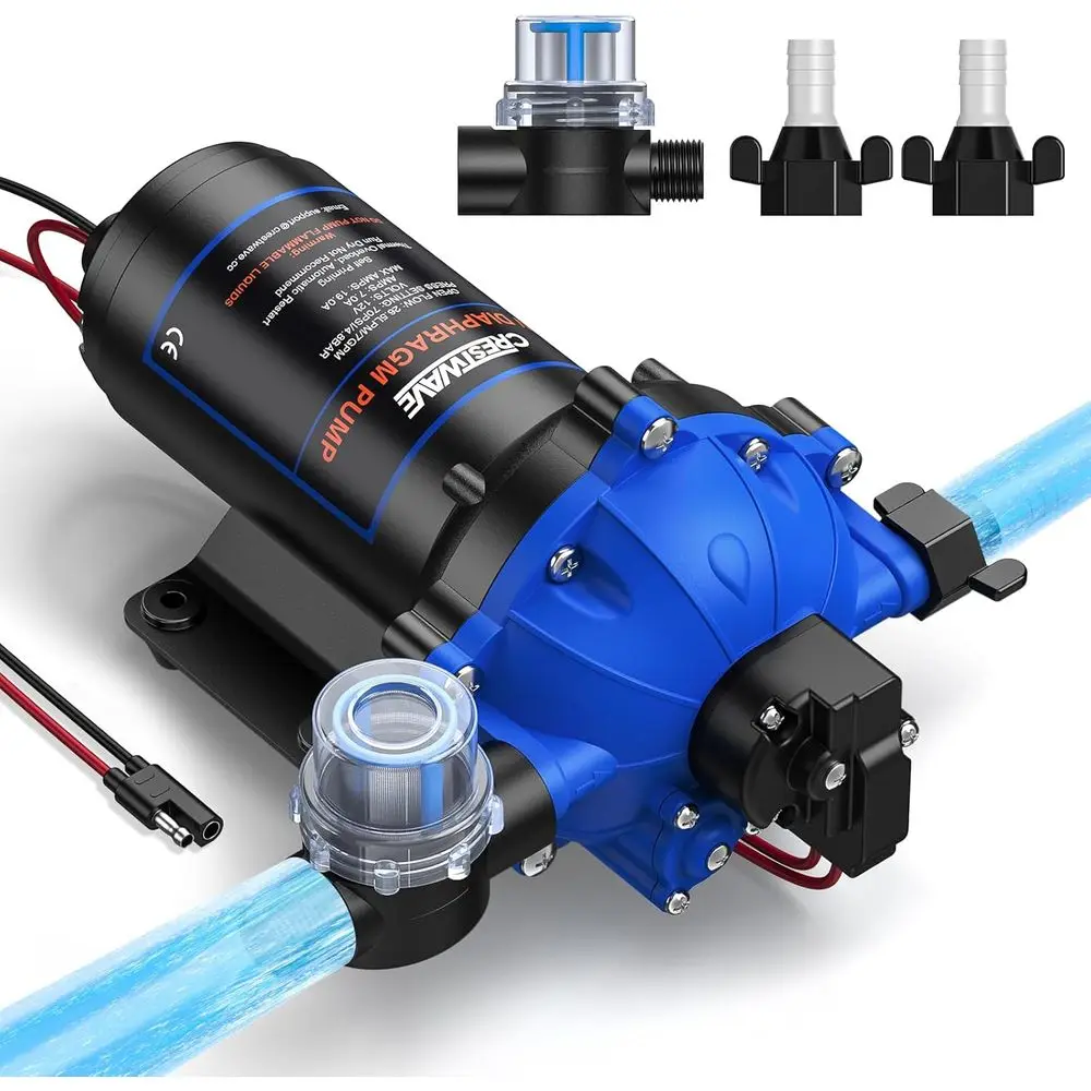 

12V DC RV Water Pump, 7GPM 70PSI, Upgraded Five Chamber Self-Priming Diaphragm Pump with Heavy Duty Pressure Switch and Strainer
