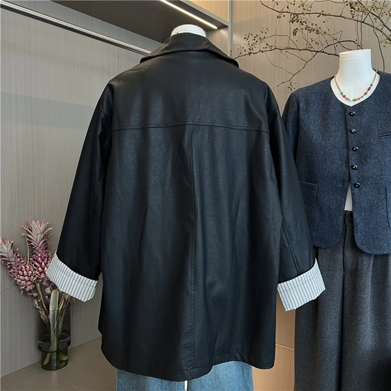 Ele Retro Bla Leather Jaet Allentato Casual Versatile di media lunghezza Colletto alla coreana Primavera Autunno Faion Capispalla per donna