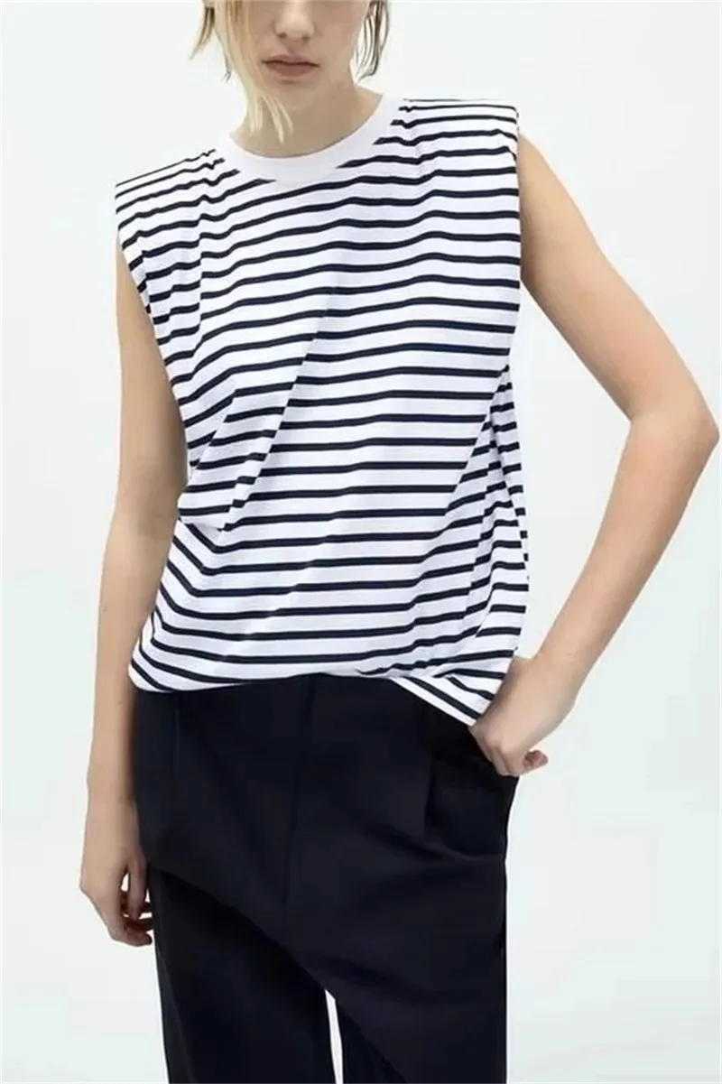 

2024 Women's Casual Sle Cotton Svel round Ne T-irt Vest Top oulder Pad Decoration Inner Wear Summer Faion