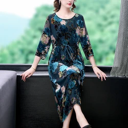 2024 Green Velvet Patchwork Jacquard Midi Dress Women Chic Elegant Luxury Dress Autumn Winter Korean Vintage  Night Dress