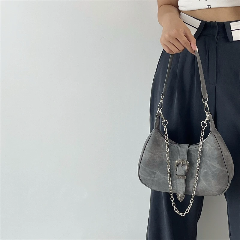 Vintage Gray Underarm Bags for Women Fashion Cool Girls All-match Chain Single Shoulder Bag High Quality Female Totes