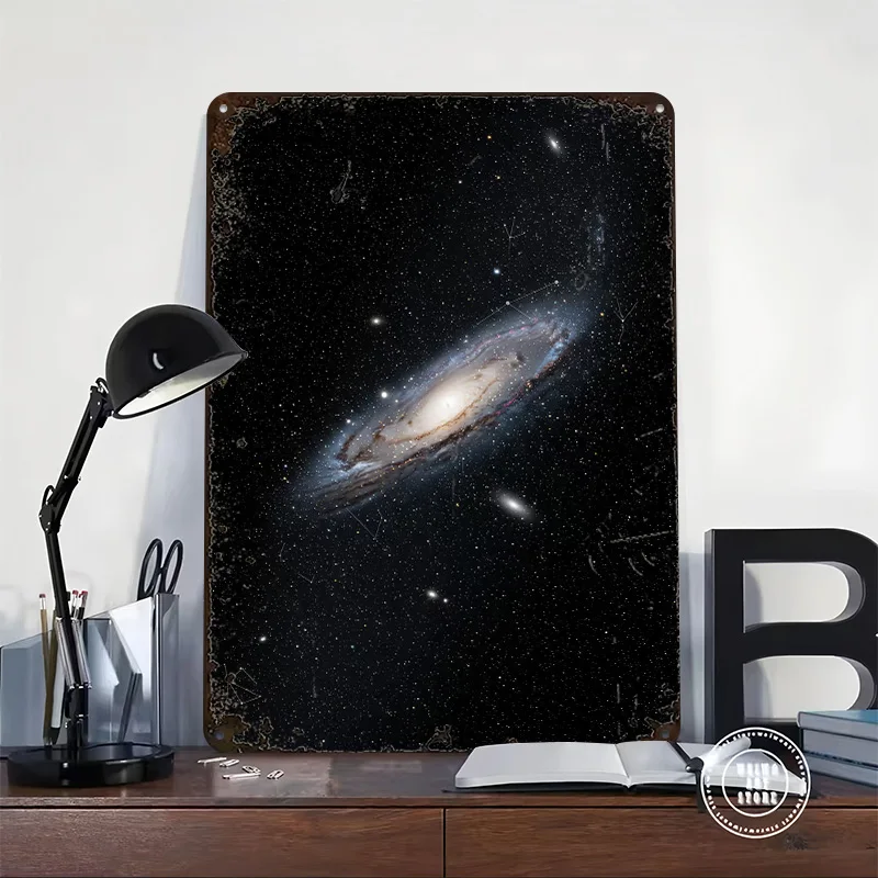 Andromeda Galaxy in Starry Space Poster Customized Vintage Metal Signs Wall Art Retro Tin Plaque for Home Decoration Luxury Room